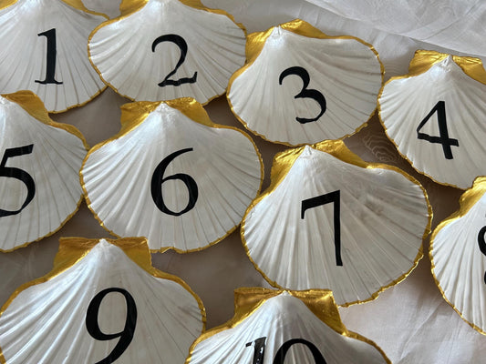 Gold Scallop Seashell Wedding Table Numbers or Names.