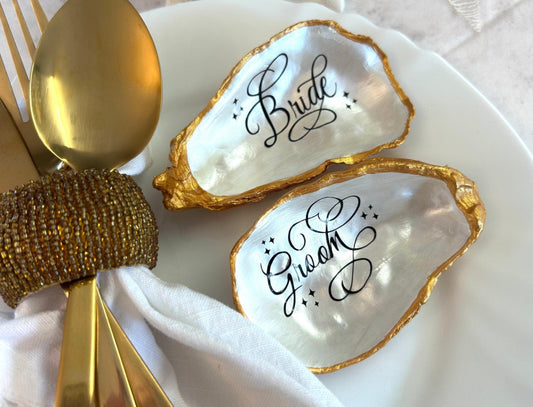 Personalised Gold Oyster Shell Wedding Place Card and Favour.
