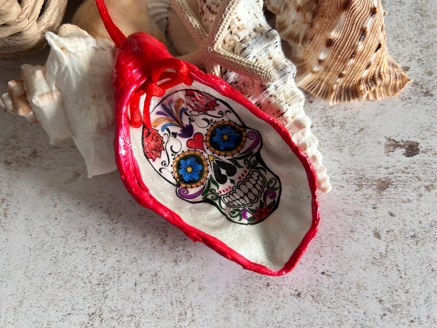 Gothic Day of the Dead Sugar Skull Oyster Shell Hanging Decoration.