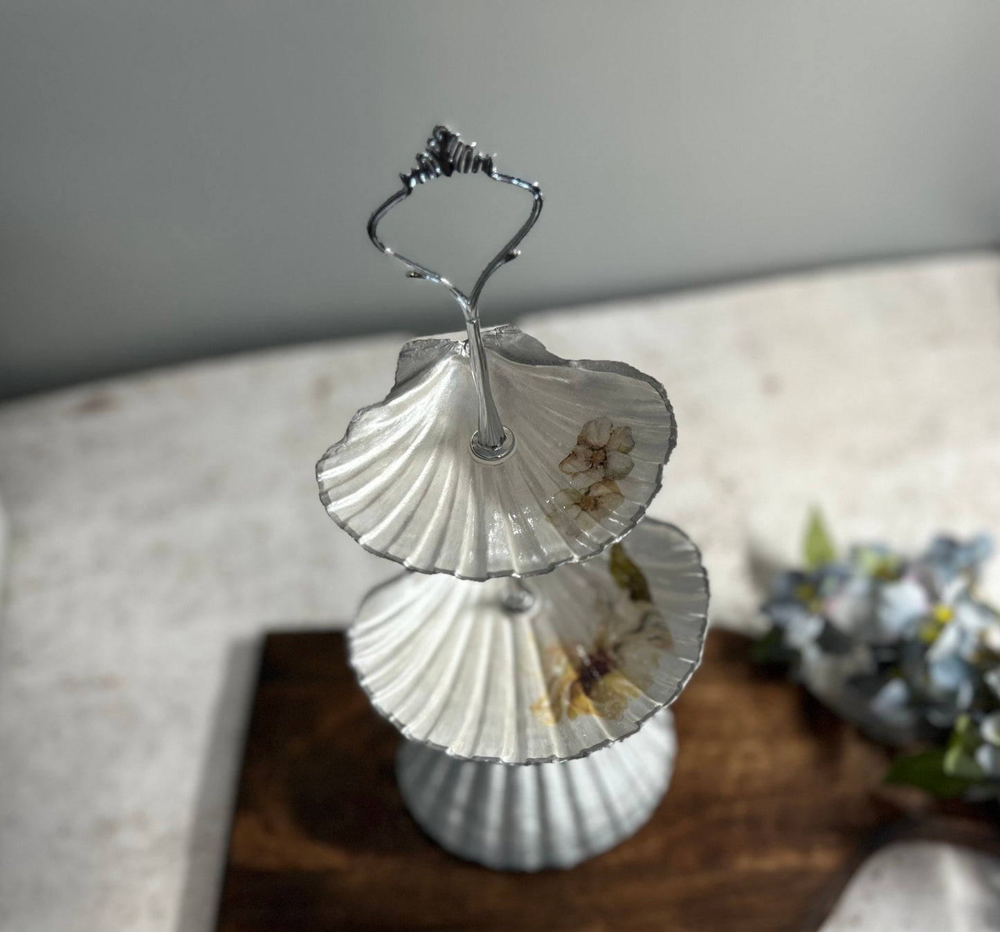 Silver Two Tier Scallop Shell Jewellery Stand.