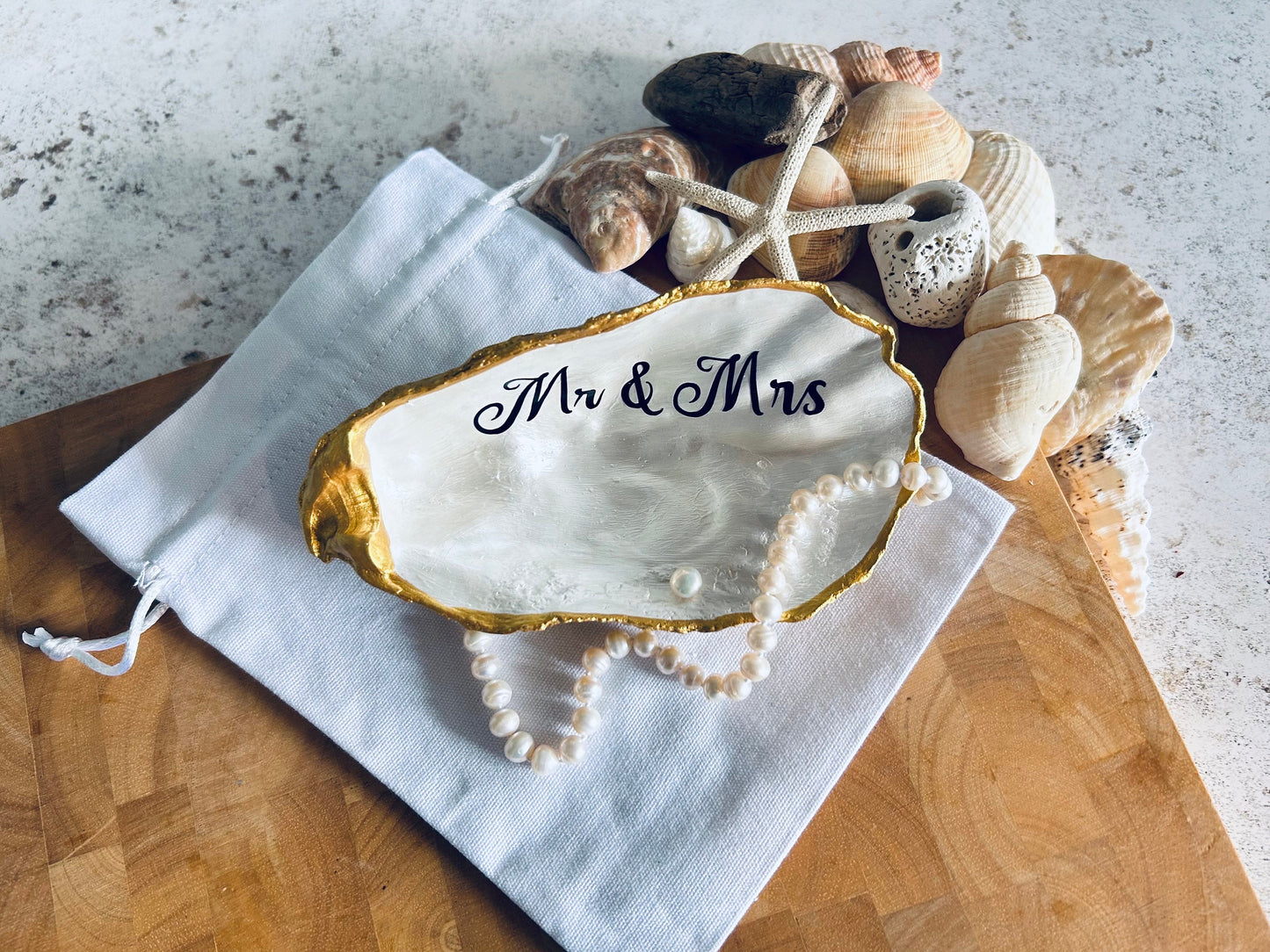 Mr & Mrs Large Gold Oyster Shell Wedding Ring Holder.