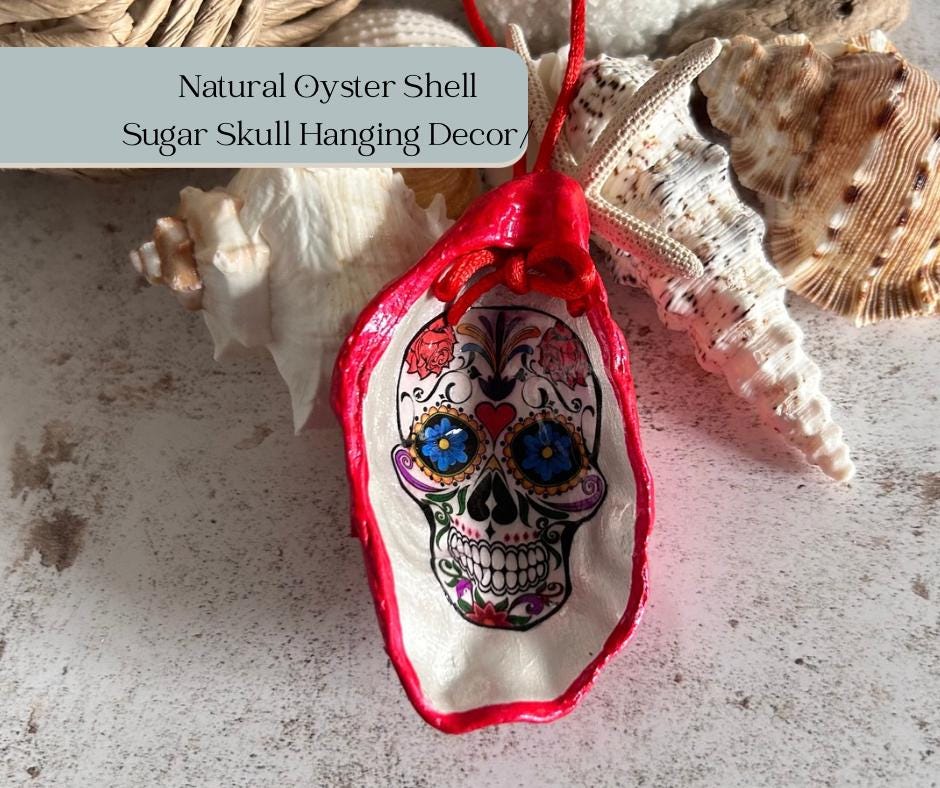 Gothic Day of the Dead Sugar Skull Oyster Shell Hanging Decoration.