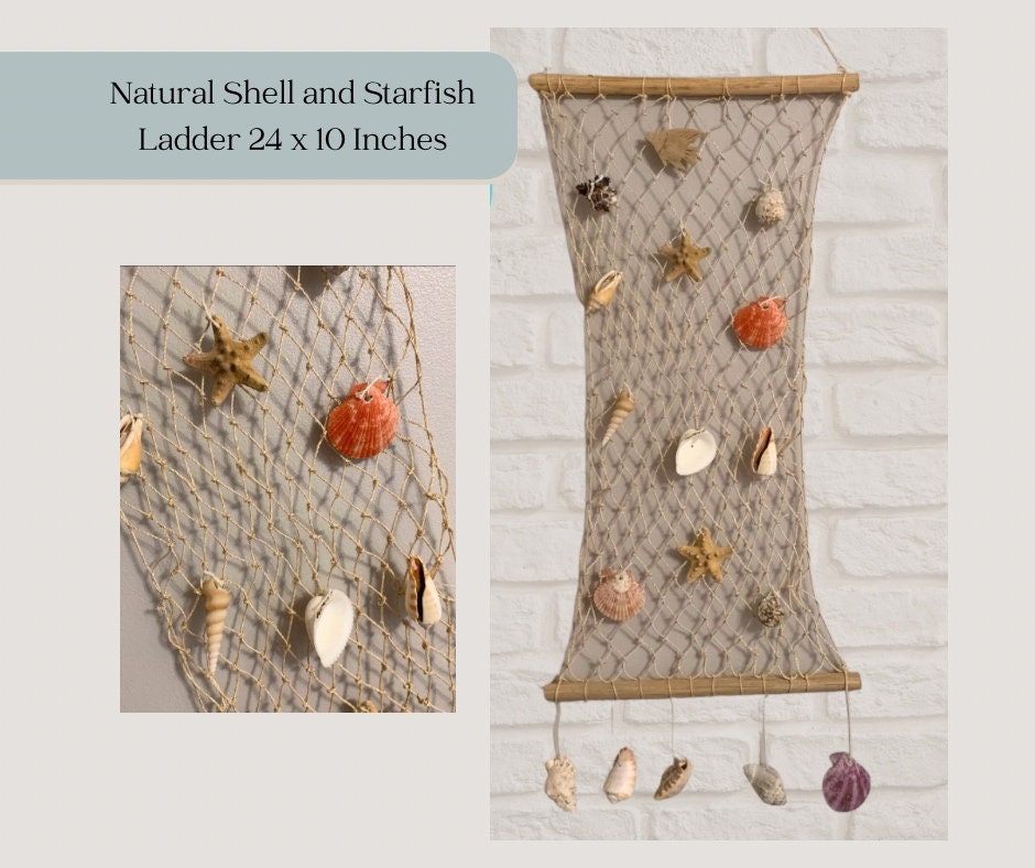 Natural Wood, Net Sea Shell Nautical Hanging Decorative Mobile.