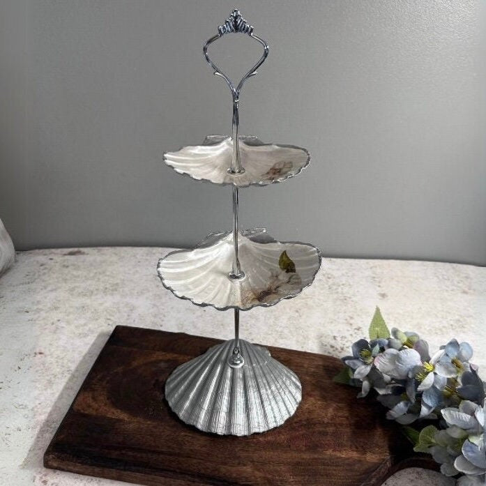 Silver Two Tier Scallop Shell Jewellery Stand.