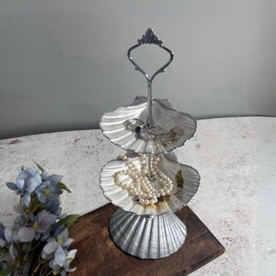 Silver Two Tier Scallop Shell Jewellery Stand.