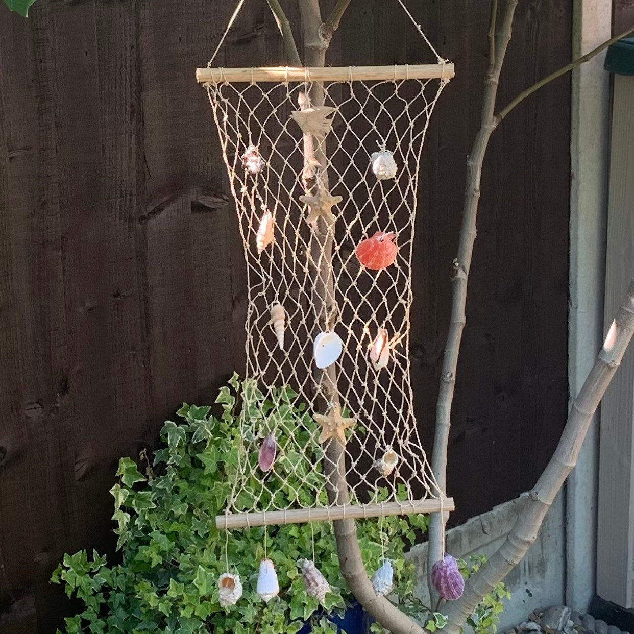 Natural Wood, Net Sea Shell Nautical Hanging Decorative Mobile.