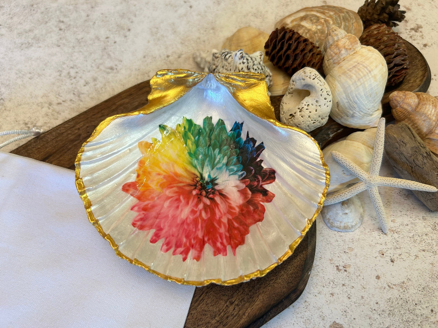 Golden Rainbow flower Natural Scallop Shell Jewellery Dish.
