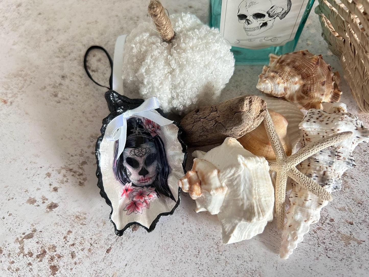 Lady Sugar Skull Oyster Shell Hanging Gothic Decoration.