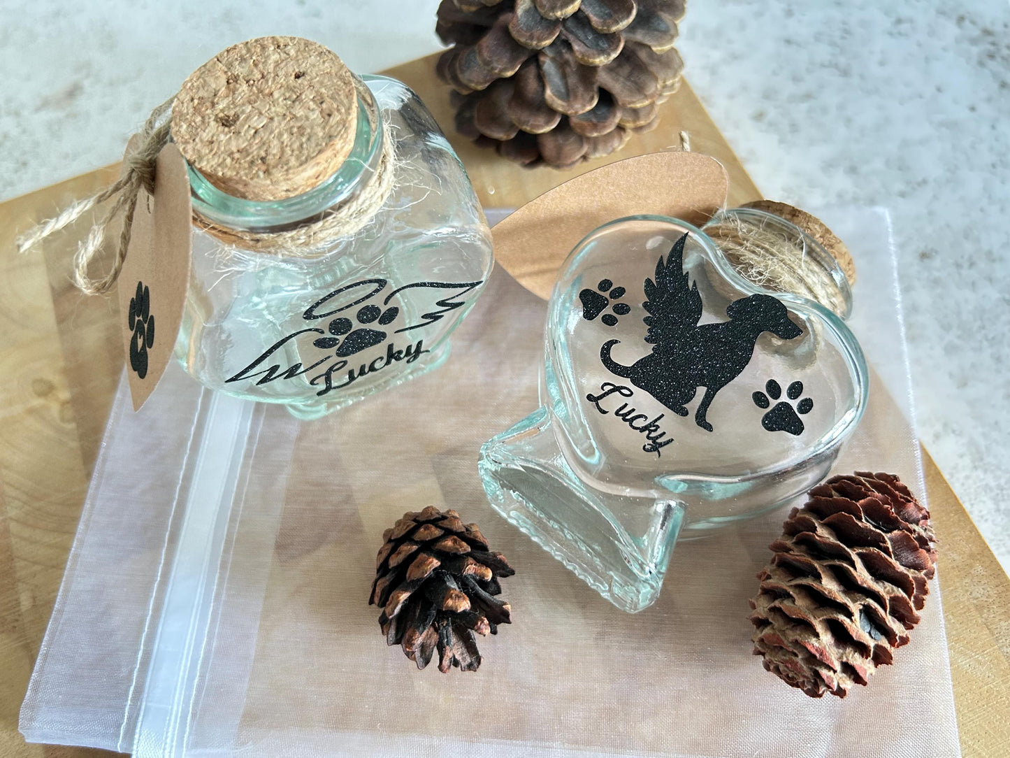 Heart Glass Dog Jar For Fur Baby. Custom Keepsake Pet Memorial Jar.