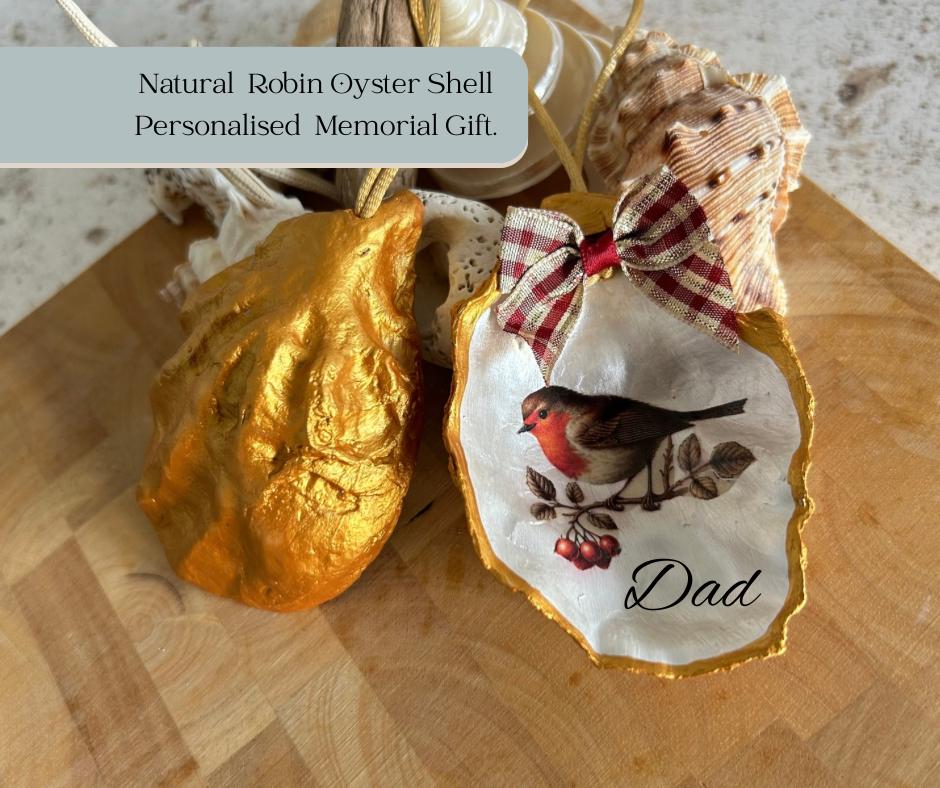 Gold Robin Memorial Oyster Shell Hanging Decoration.