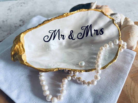 Mr & Mrs Large Gold Oyster Shell Wedding Ring Holder.