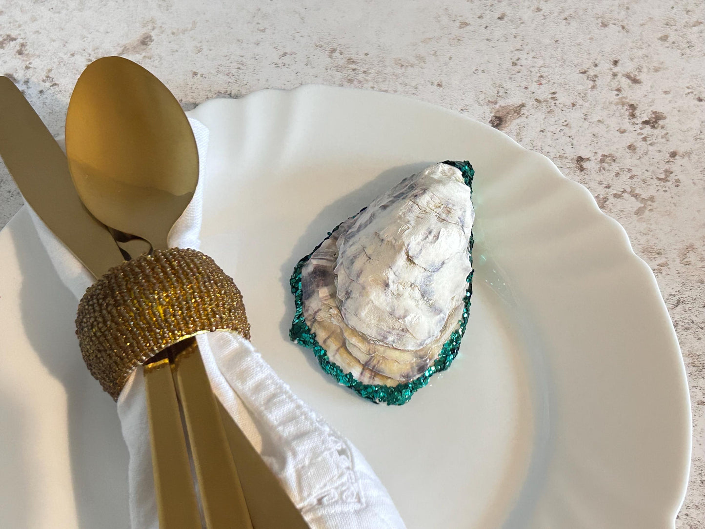 Personalised Emerald green Biodegradable Glitter Oyster Shell Wedding Name Card.