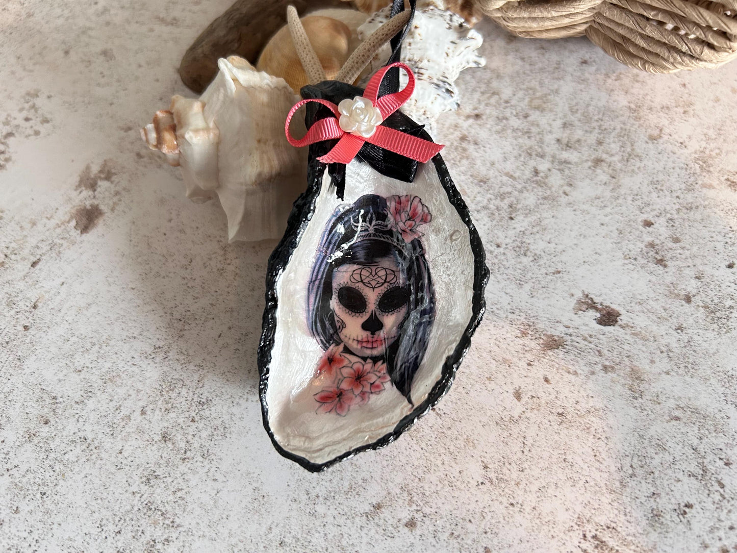 Lady Sugar Skull Oyster Shell Hanging Gothic Decoration.
