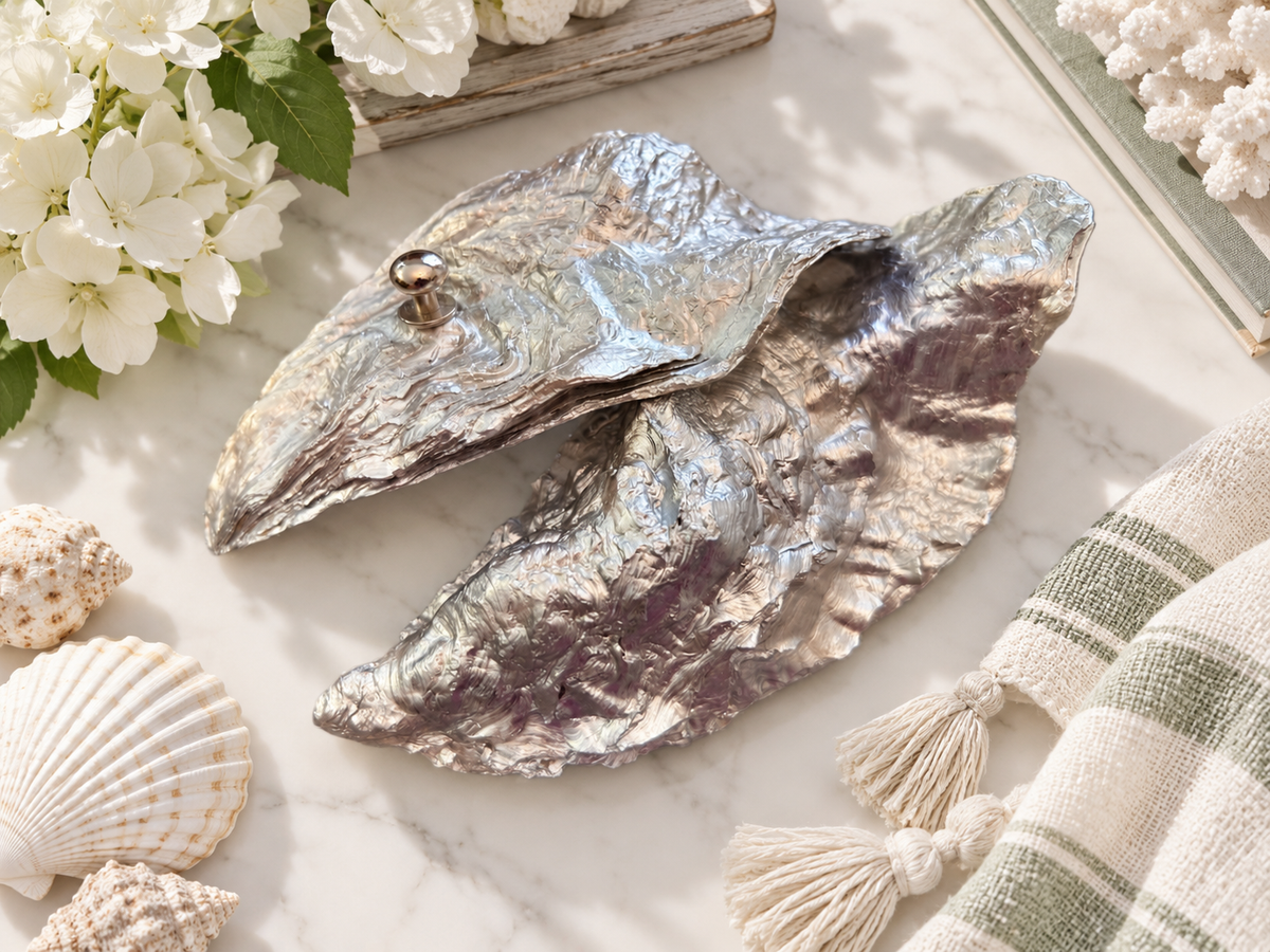Silver whole oyster shell jewellery box. Chrome silver natural oyster shell jewellery holder. Ring bearer box. Silver Anniversary gift.