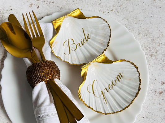 Gold Scallop Shell Wedding Place Names and Guest Favours.