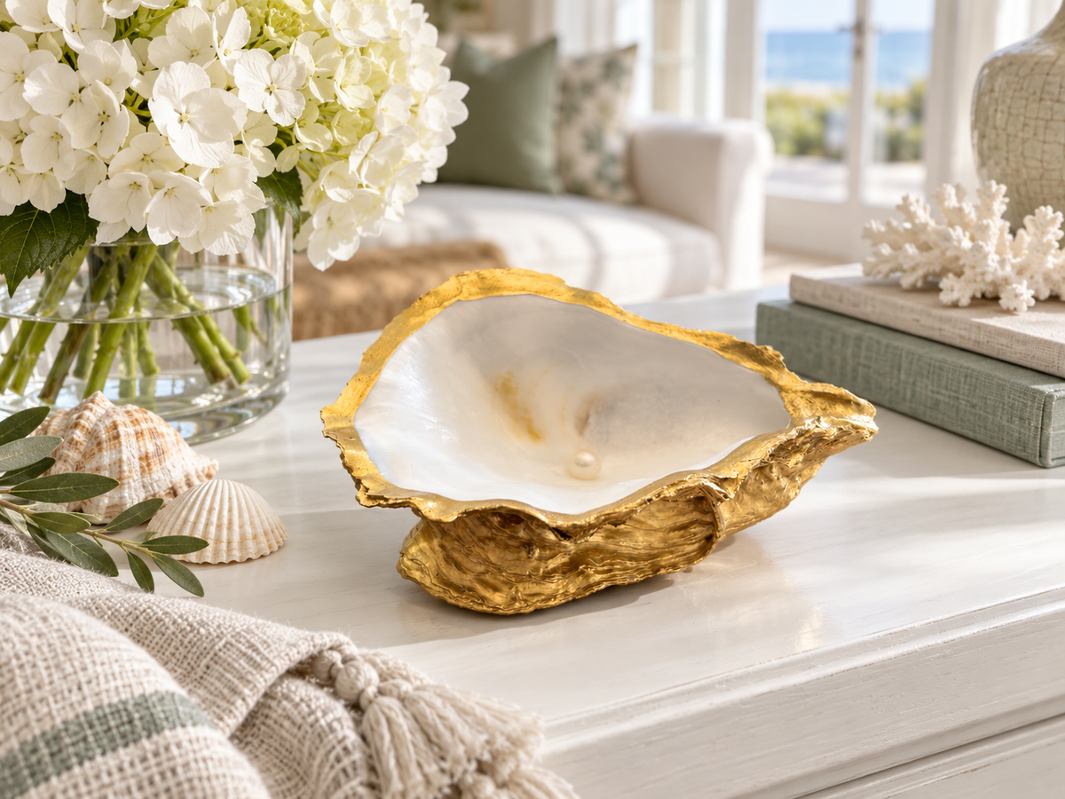 Gold Oyster Shell Ring Holder. Dressing Table Oyster Dish Set With A Freshwater Pearl.