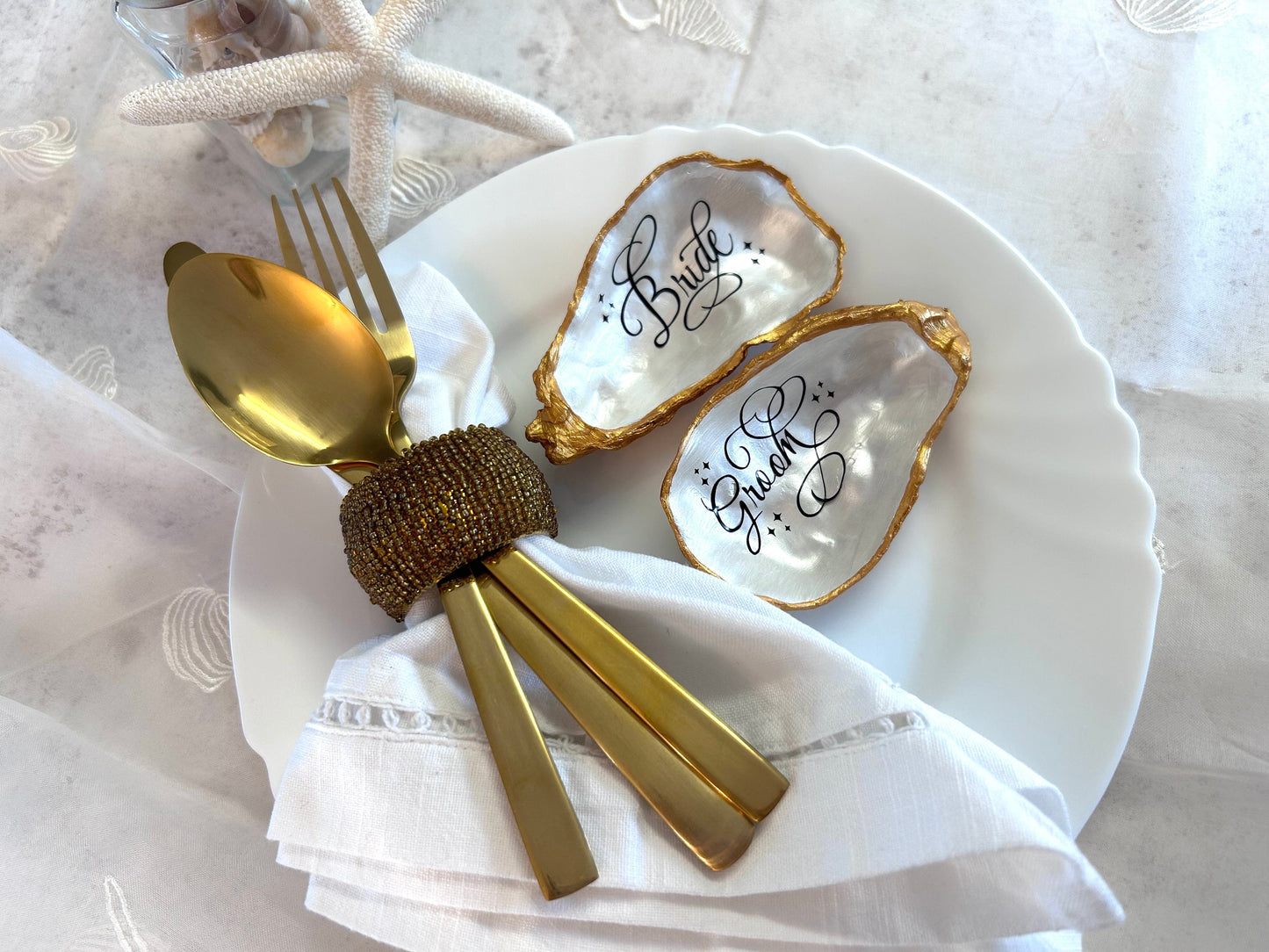 Gold Personalised Oyster Destination Wedding Favour and Place Name.