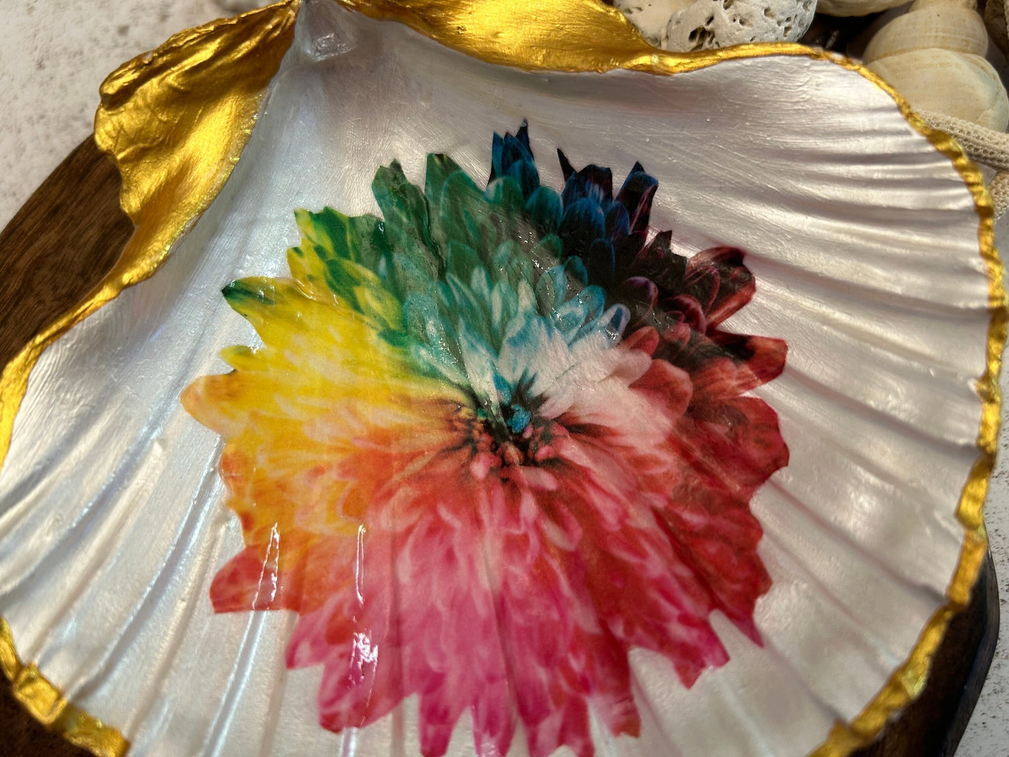 Golden Rainbow flower Natural Scallop Shell Jewellery Dish.