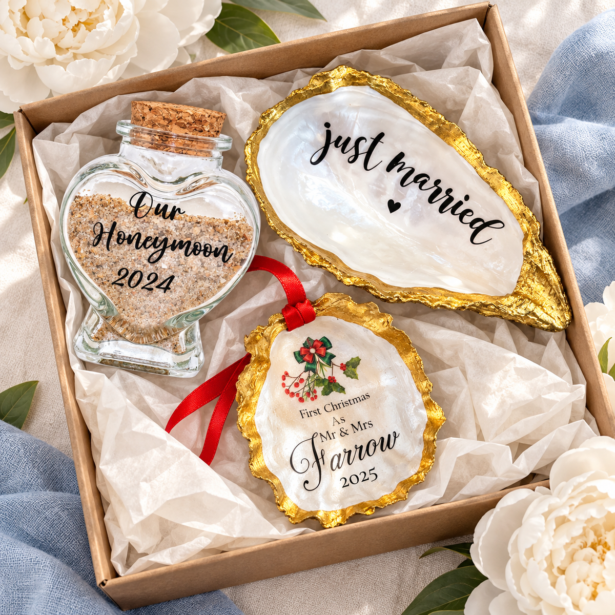 First Christmas as Mr and Mrs gift set with sand bottle, Just Married oyster shell dish and Christmas ornament