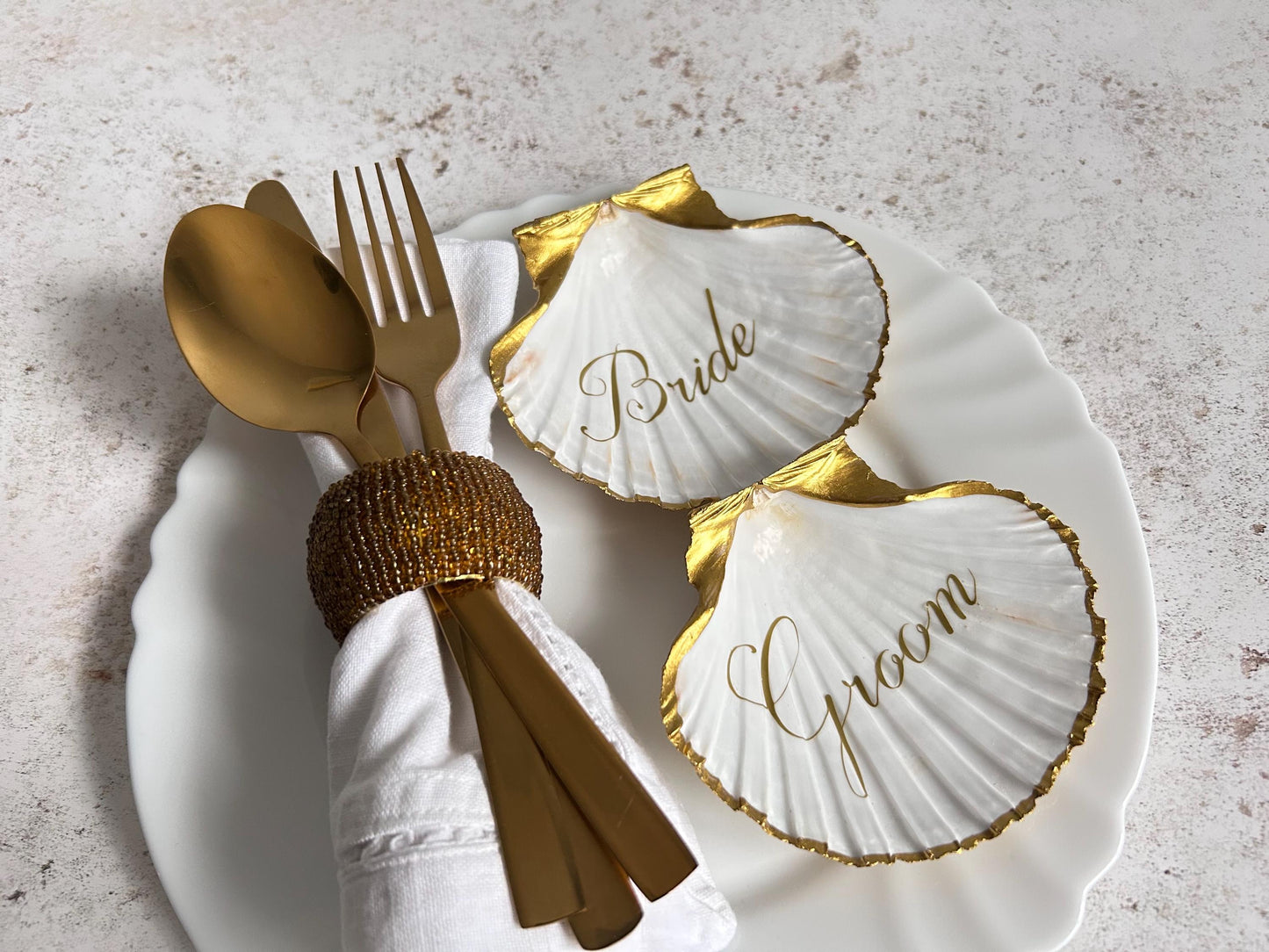 Gold Scallop Shell Wedding Place Names and Guest Favours.