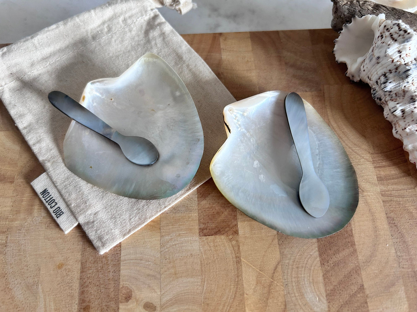 Black Lip Oyster Caviar Dish and Spoon. Hand Polished Natural Black Mother of Pearl Oyster.