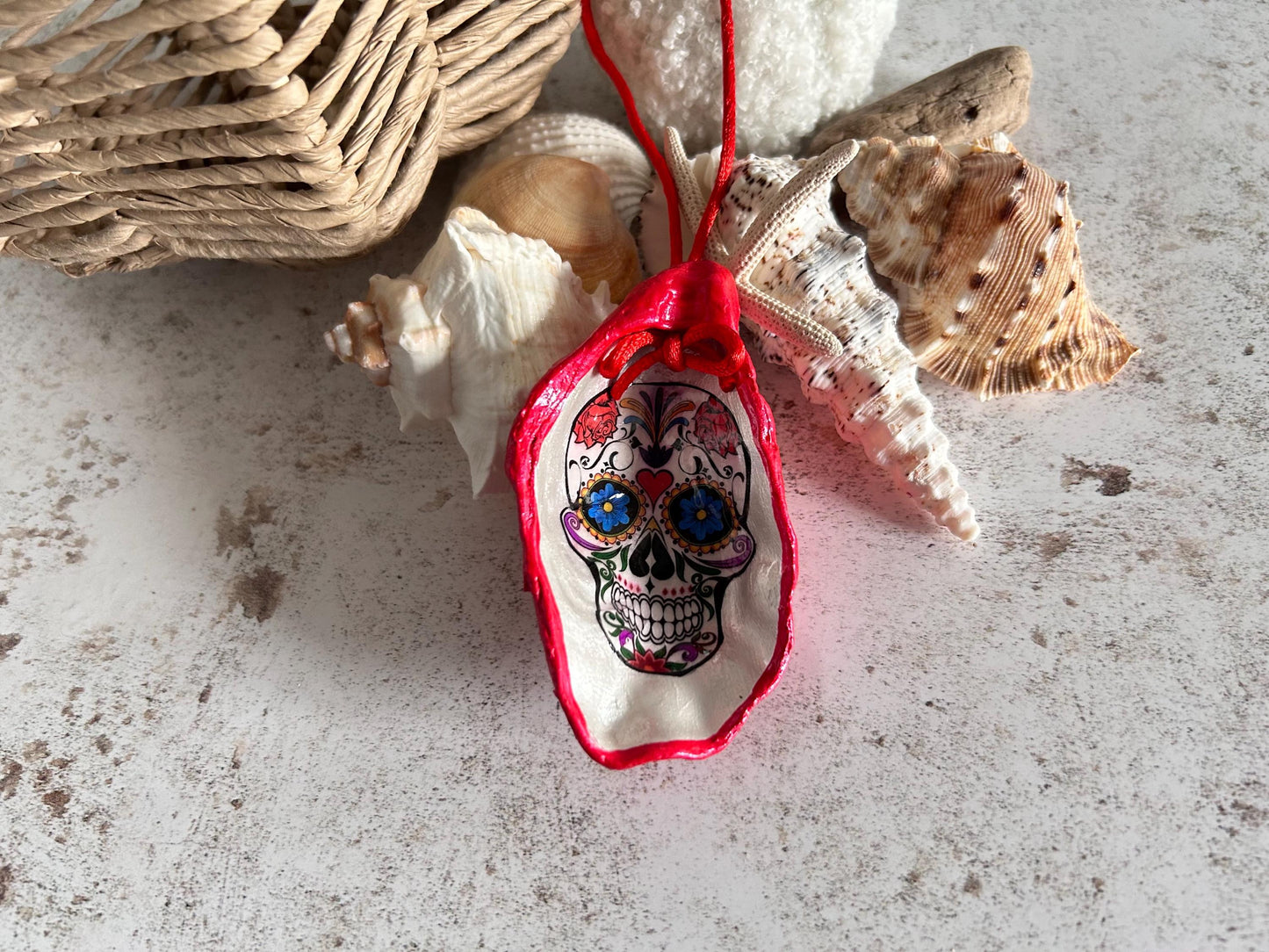 Gothic Day of the Dead Sugar Skull Oyster Shell Hanging Decoration.