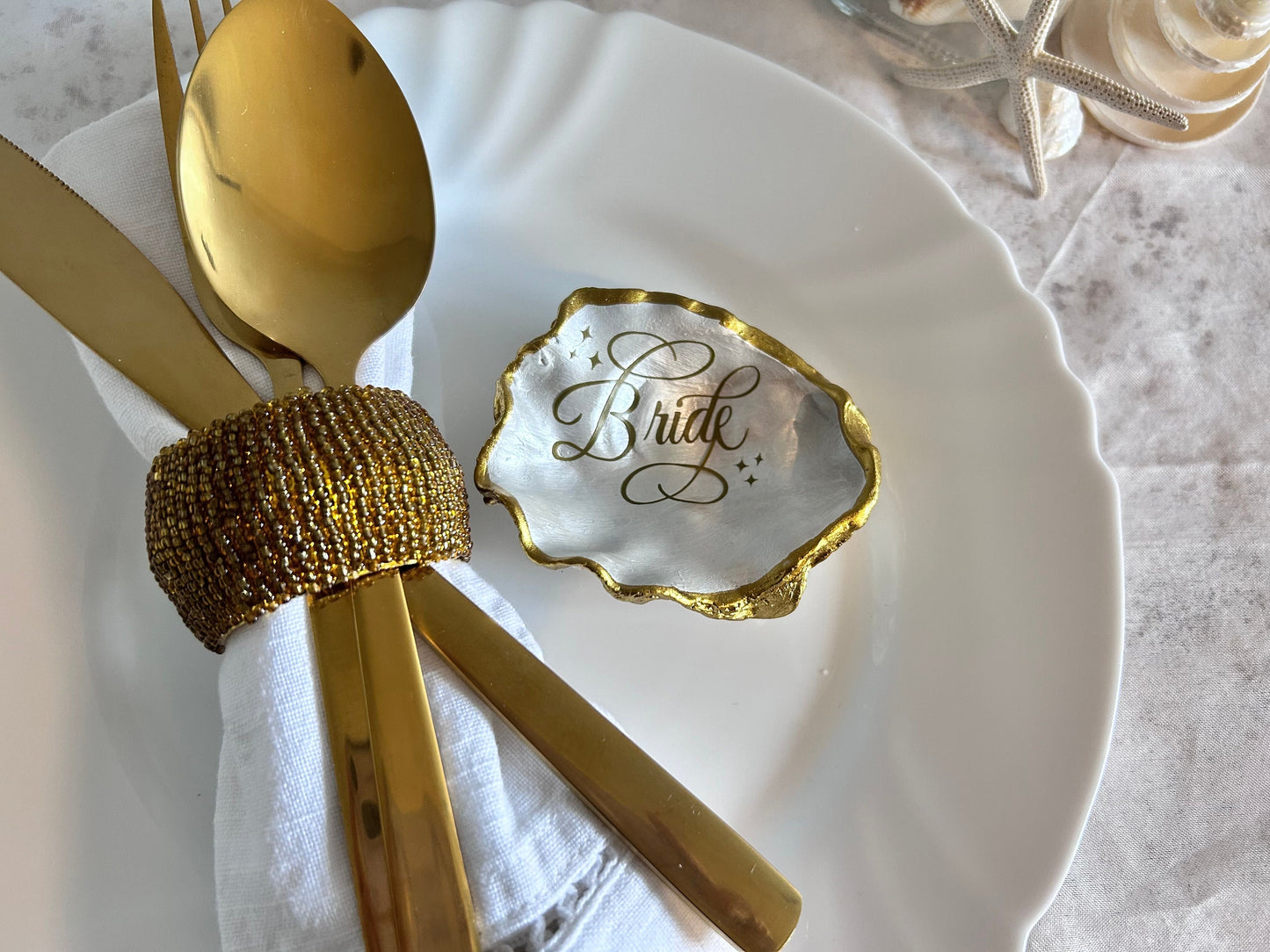 Antique Gold Oyster Shell Wedding Place Name and Favours.