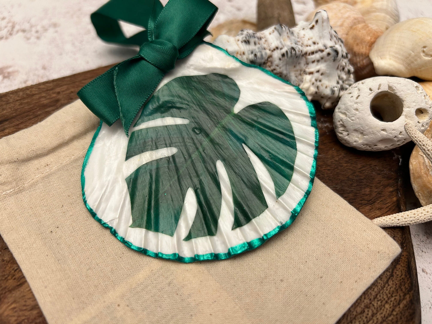 Emerald Green Palm Leaf Topical Scallop Shell Hanging Ornament.