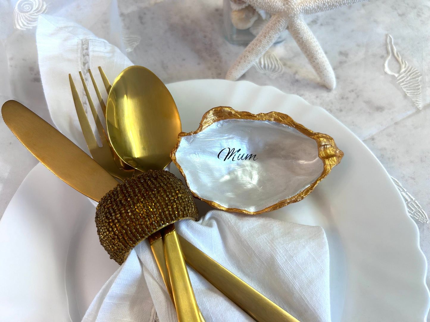 Personalised Gold Oyster Shell Wedding Place Card and Favour.