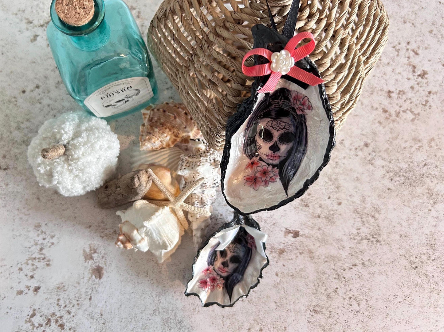 Lady Sugar Skull Oyster Shell Hanging Gothic Decoration.