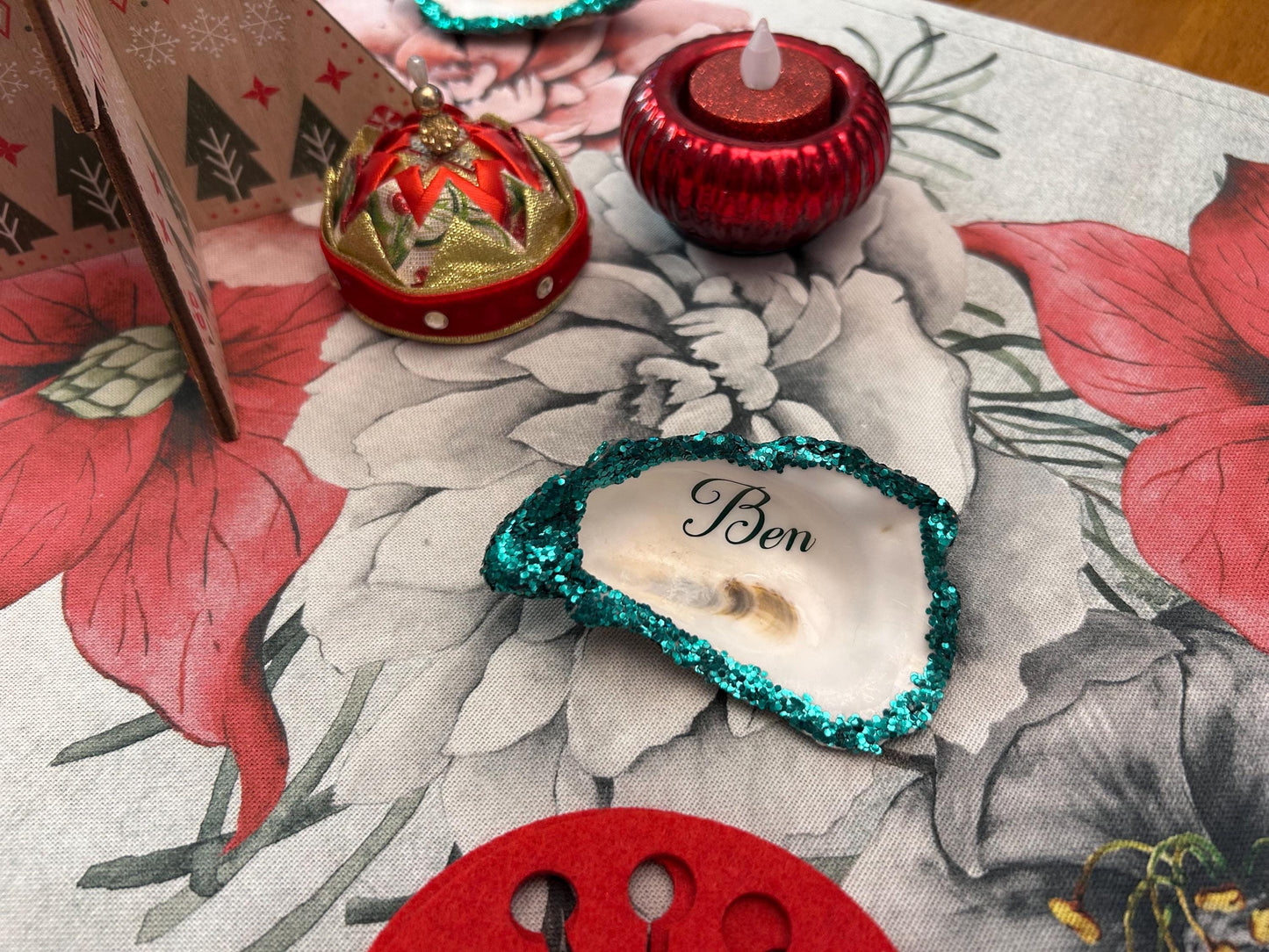 Personalised Emerald green Biodegradable Glitter Oyster Shell Wedding Name Card.