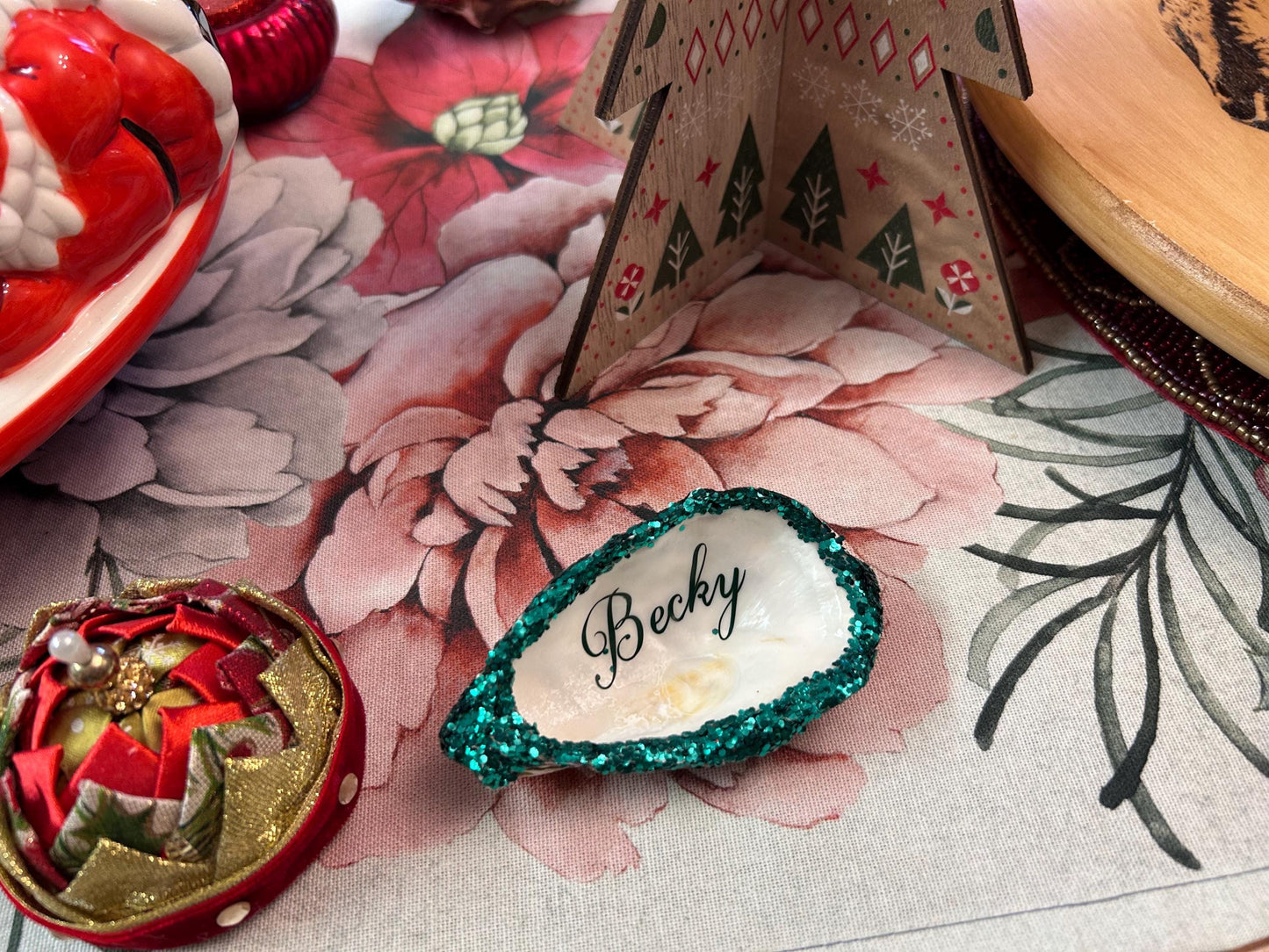 Personalised Emerald green Biodegradable Glitter Oyster Shell Wedding Name Card.