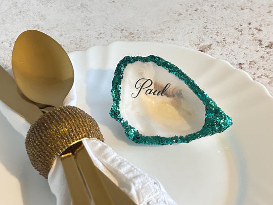 Personalised Emerald green Biodegradable Glitter Oyster Shell Wedding Name Card.
