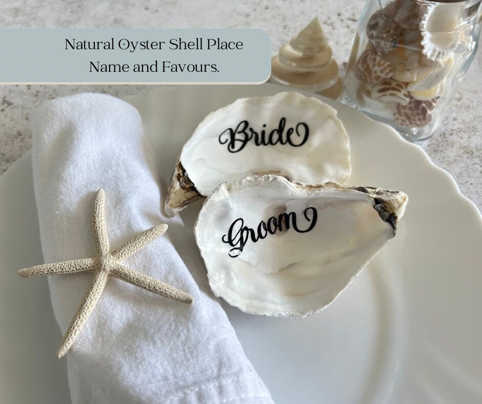 Personalised Natural Oyster Shell Wedding Place Card.