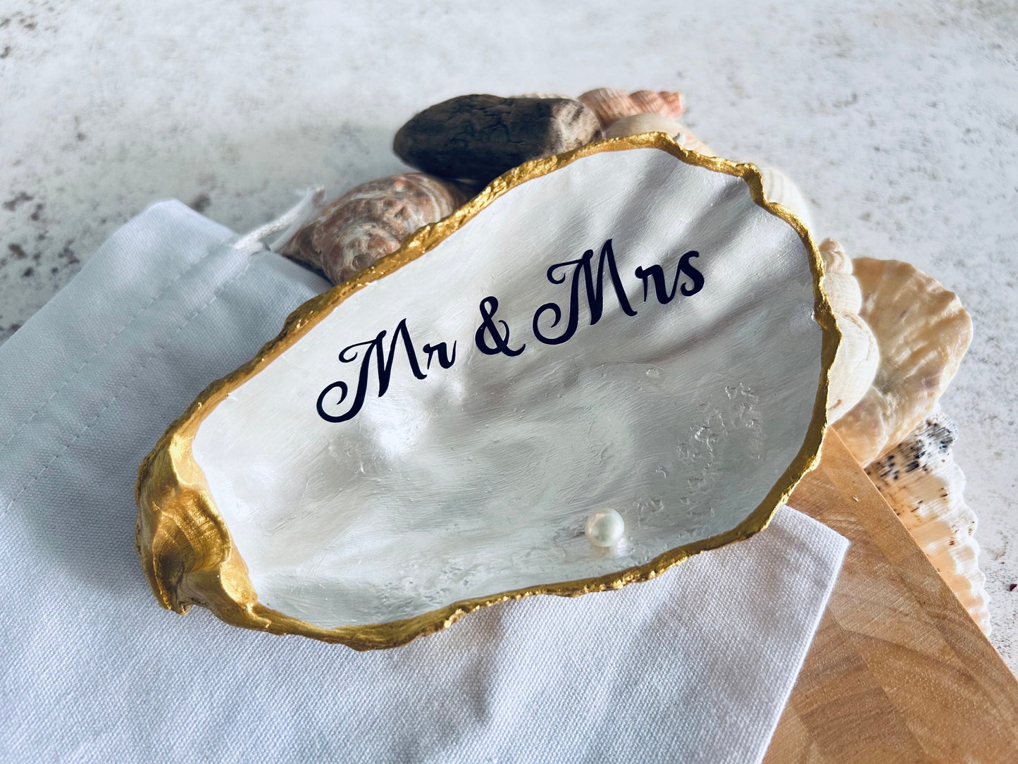 Mr & Mrs Large Gold Oyster Shell Wedding Ring Holder.
