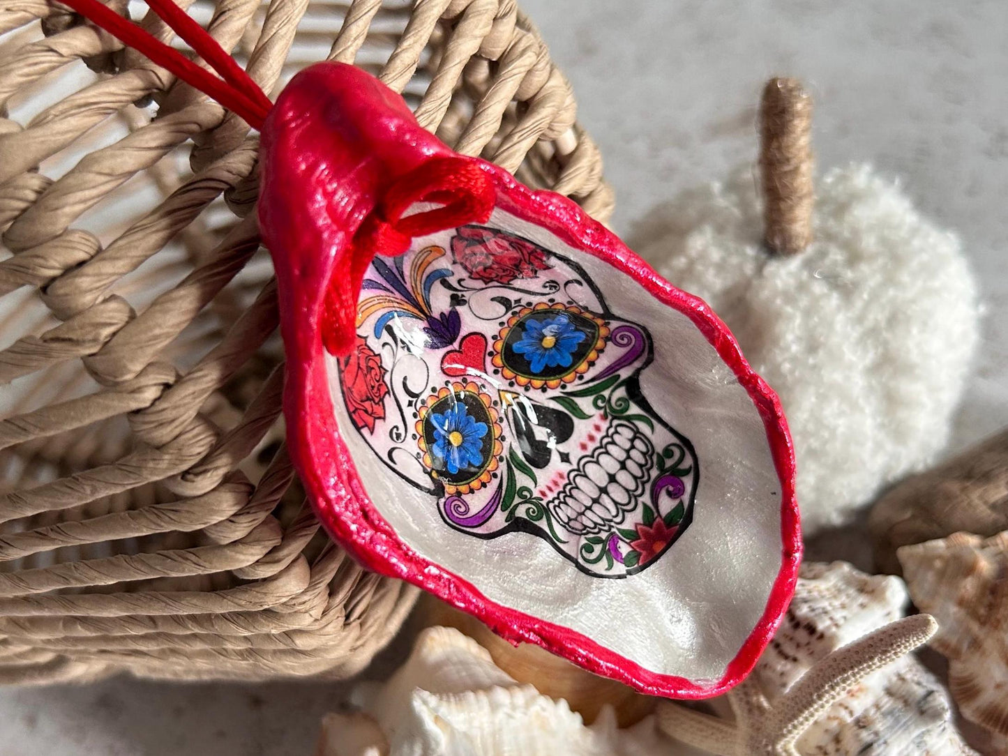 Gothic Day of the Dead Sugar Skull Oyster Shell Hanging Decoration.
