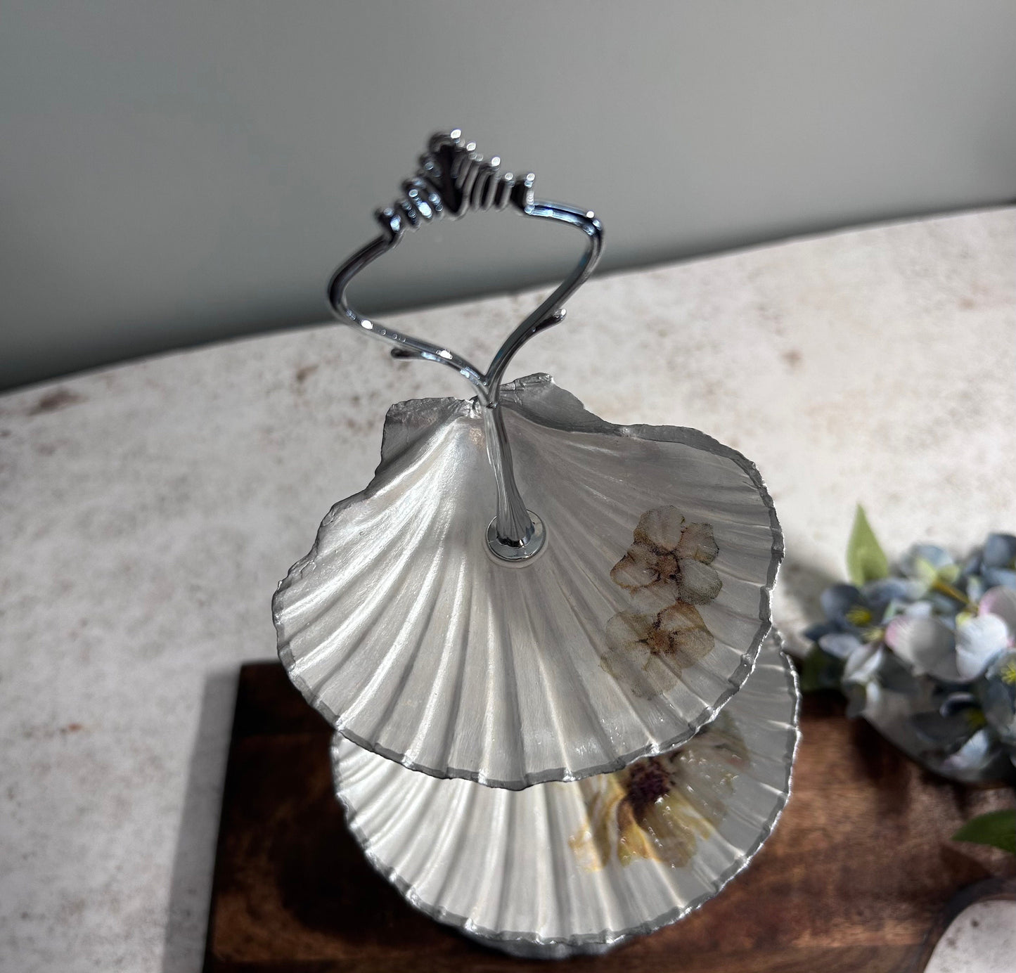 Silver Two Tier Scallop Shell Jewellery Stand.