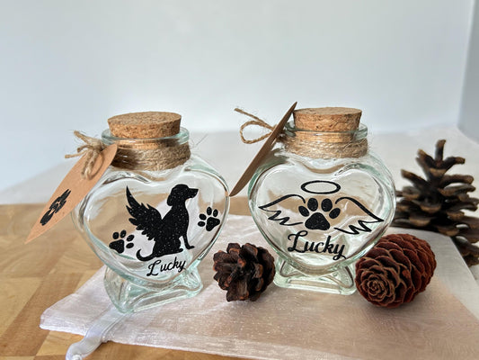 Heart Glass Dog Jar For Fur Baby. Custom Keepsake Pet Memorial Jar.