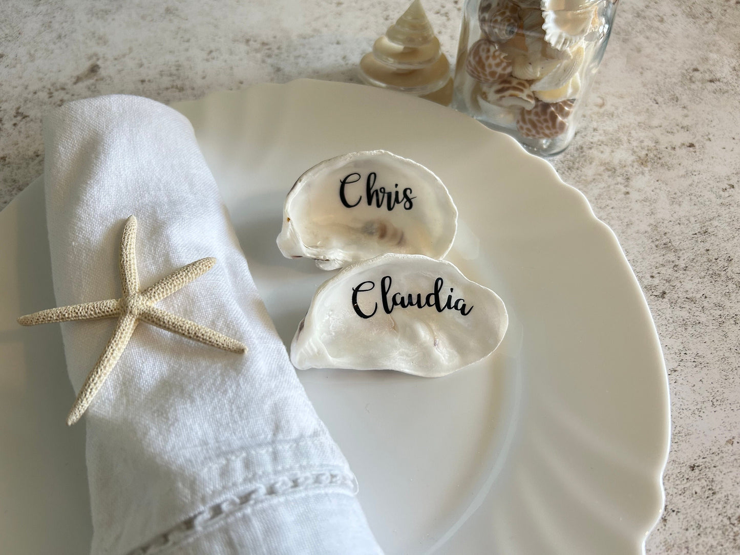 Personalised Natural Oyster Shell Wedding Place Card.