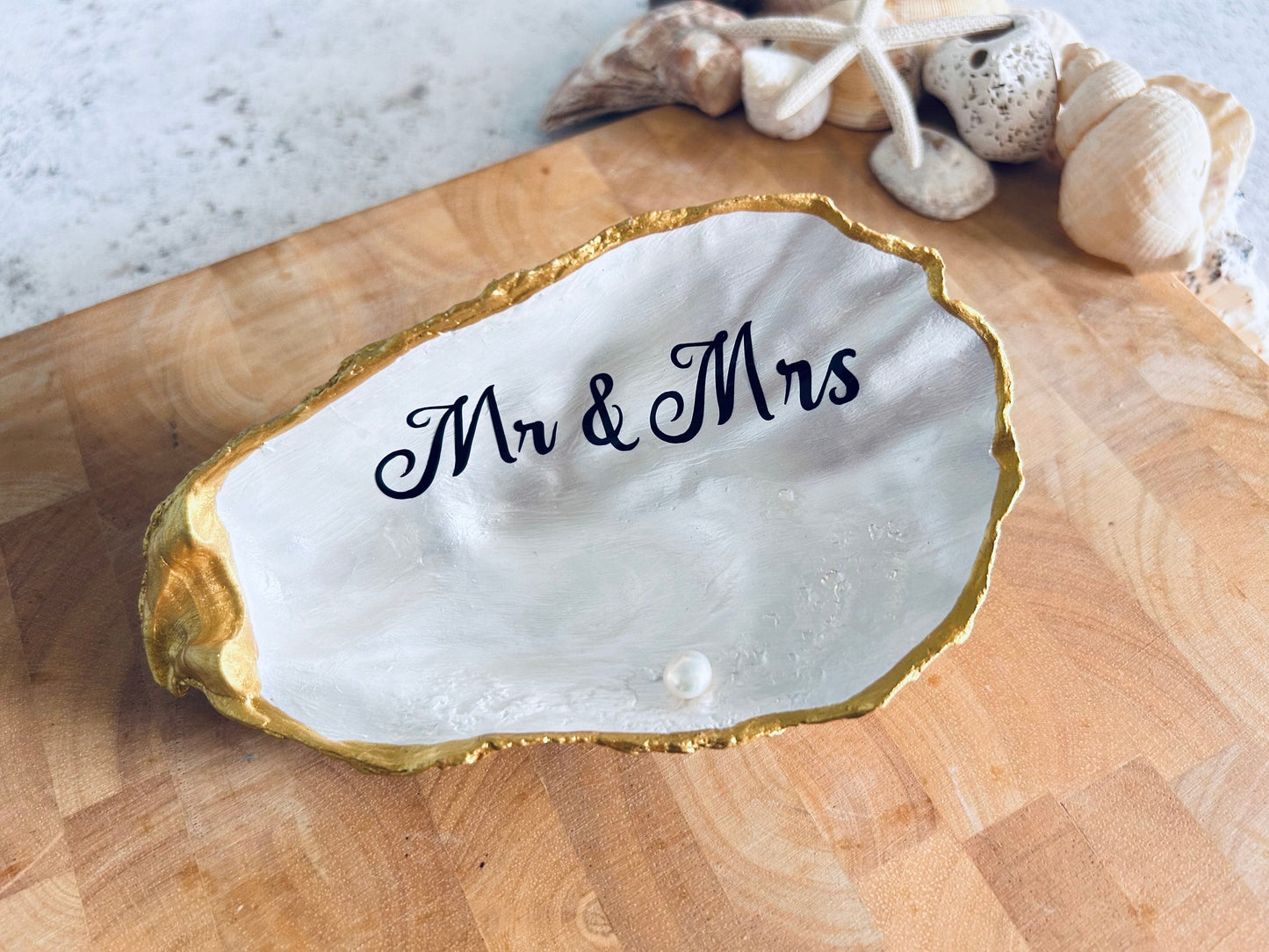 Mr & Mrs Large Gold Oyster Shell Wedding Ring Holder.