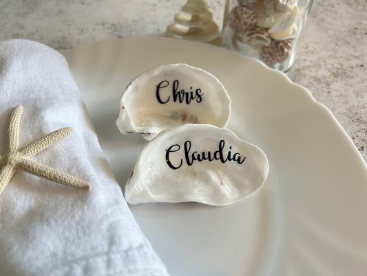 Personalised Natural Oyster Shell Wedding Place Card.
