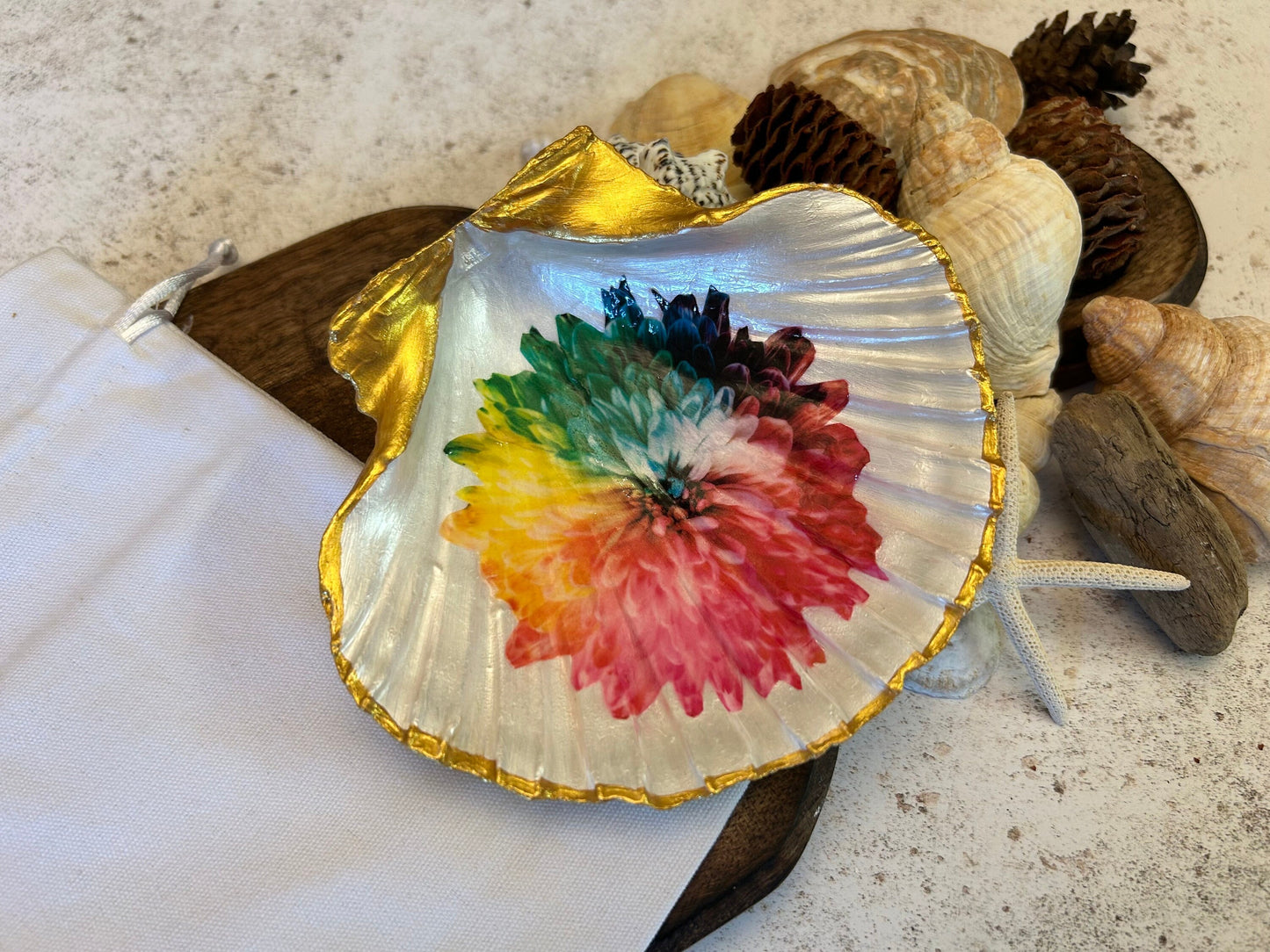 Golden Rainbow flower Natural Scallop Shell Jewellery Dish.