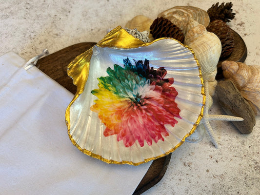 Golden Rainbow flower Natural Scallop Shell Jewellery Dish.
