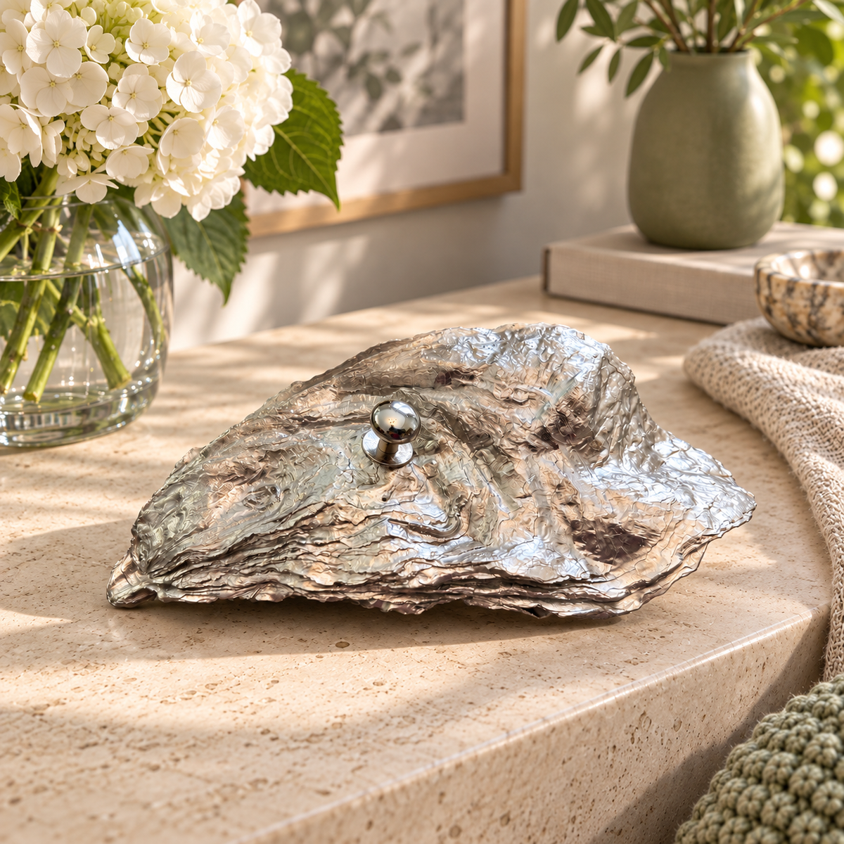 Silver whole oyster shell jewellery box. Chrome silver natural oyster shell jewellery holder. Ring bearer box. Silver Anniversary gift.