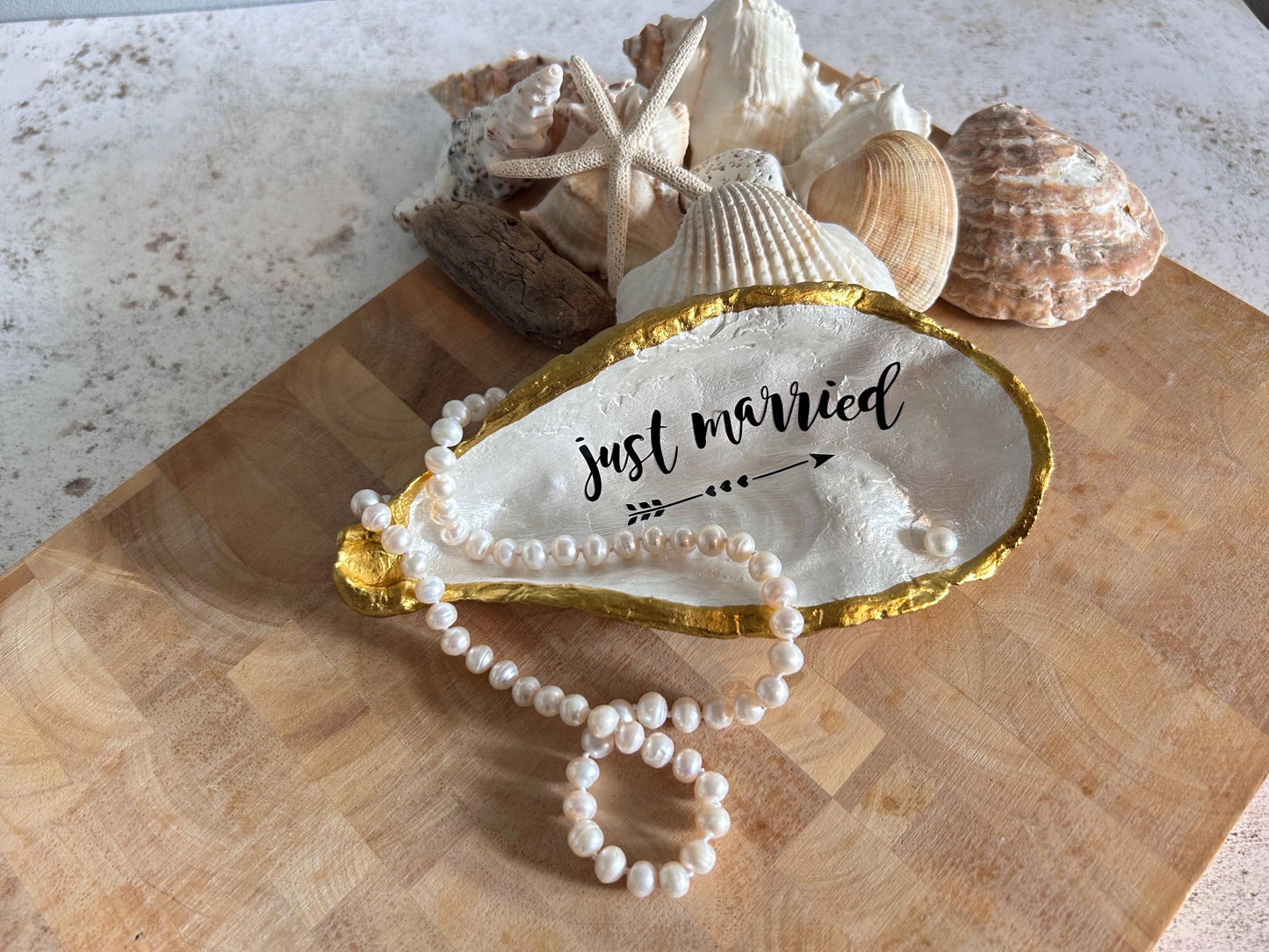 Just Married Oyster Shell Wedding Ring Dish Set With A Freshwater Pearl.