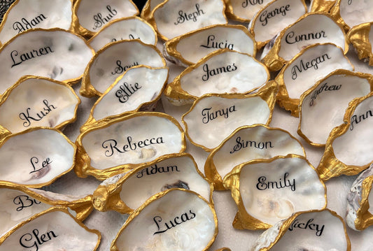 Personalised Oyster Shell Wedding Place Names and Favours.