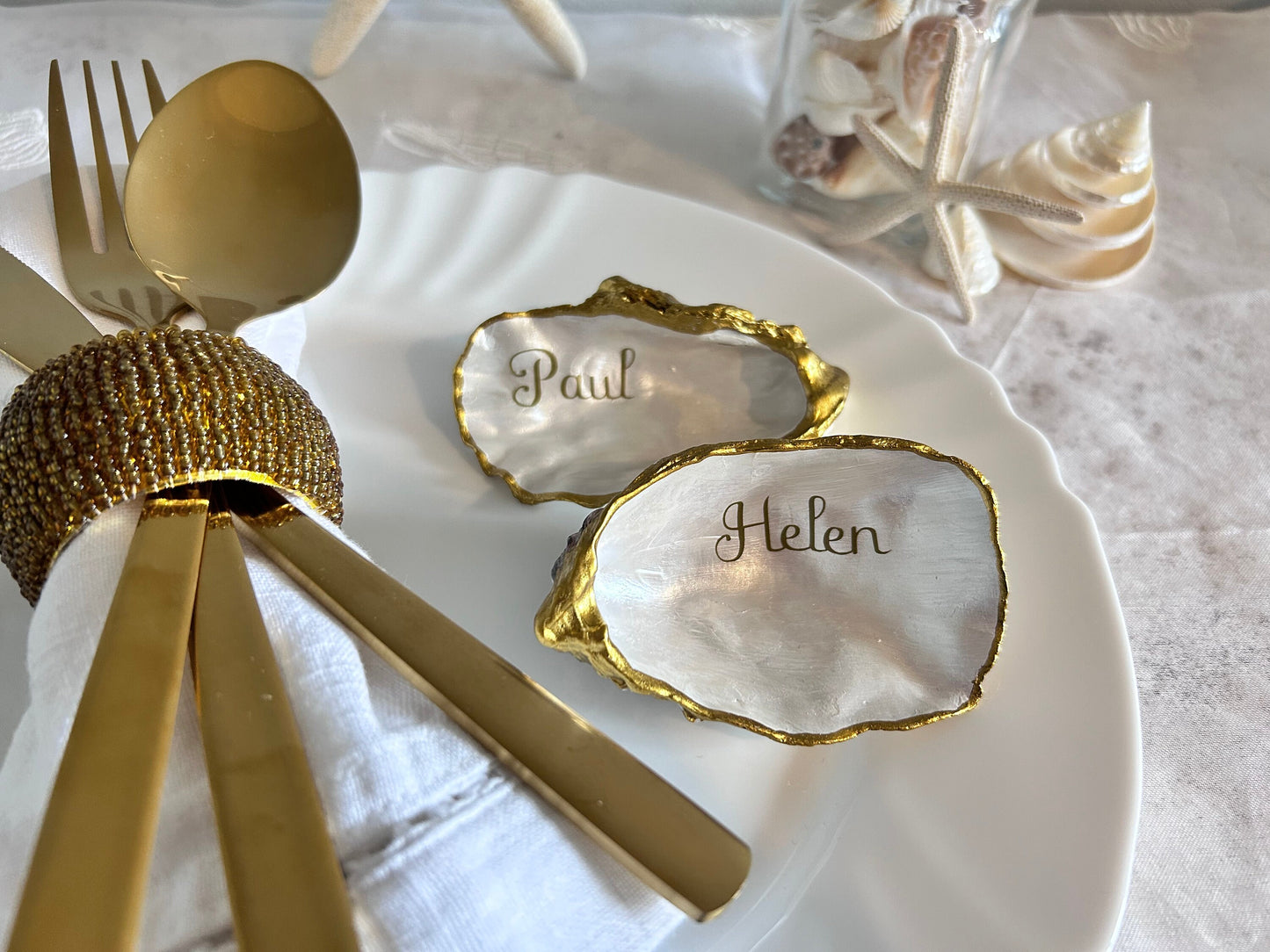 Antique Gold Oyster Shell Wedding Place Name and Favours.