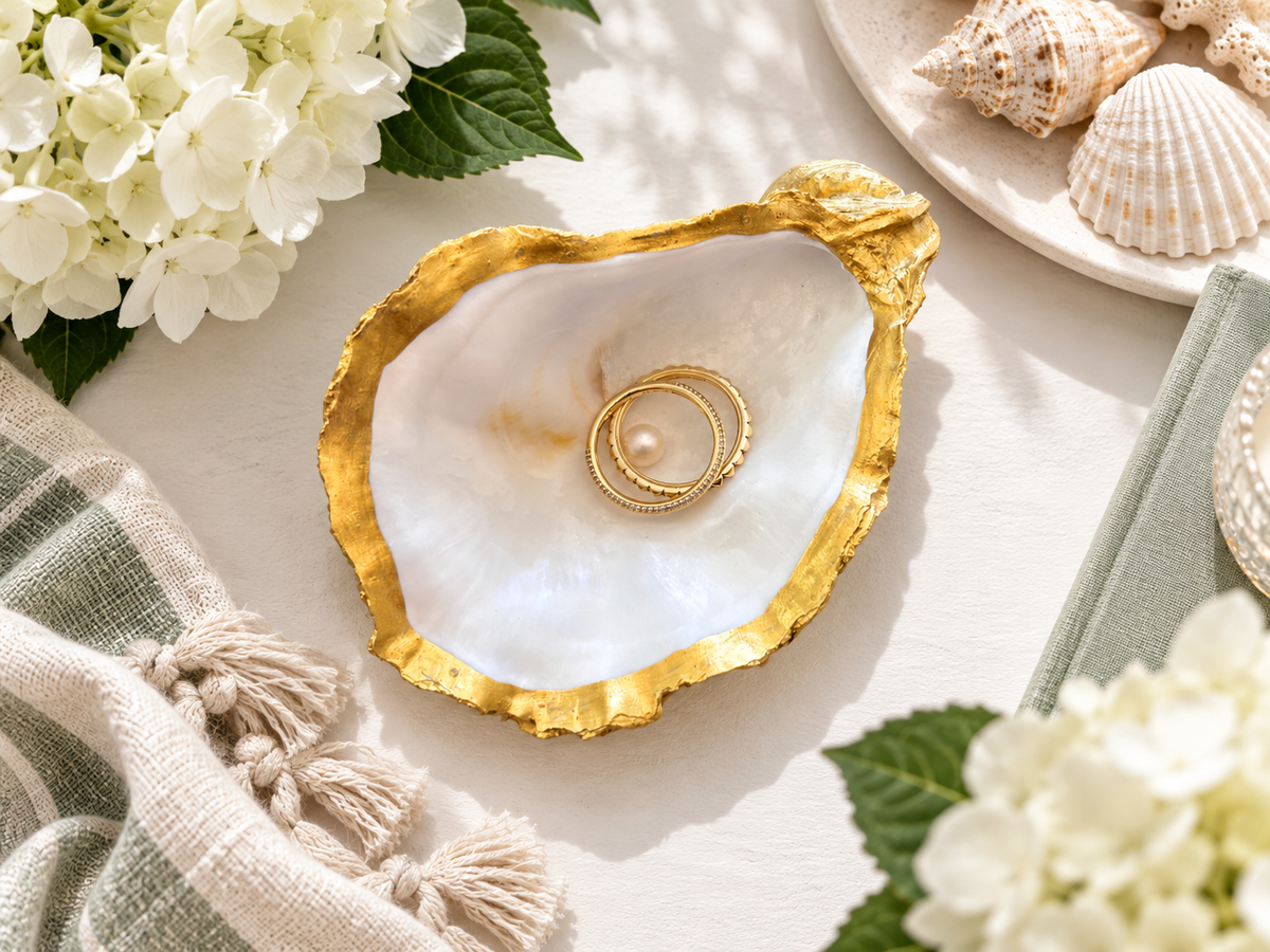 Gold Oyster Shell Ring Holder. Dressing Table Oyster Dish Set With A Freshwater Pearl.