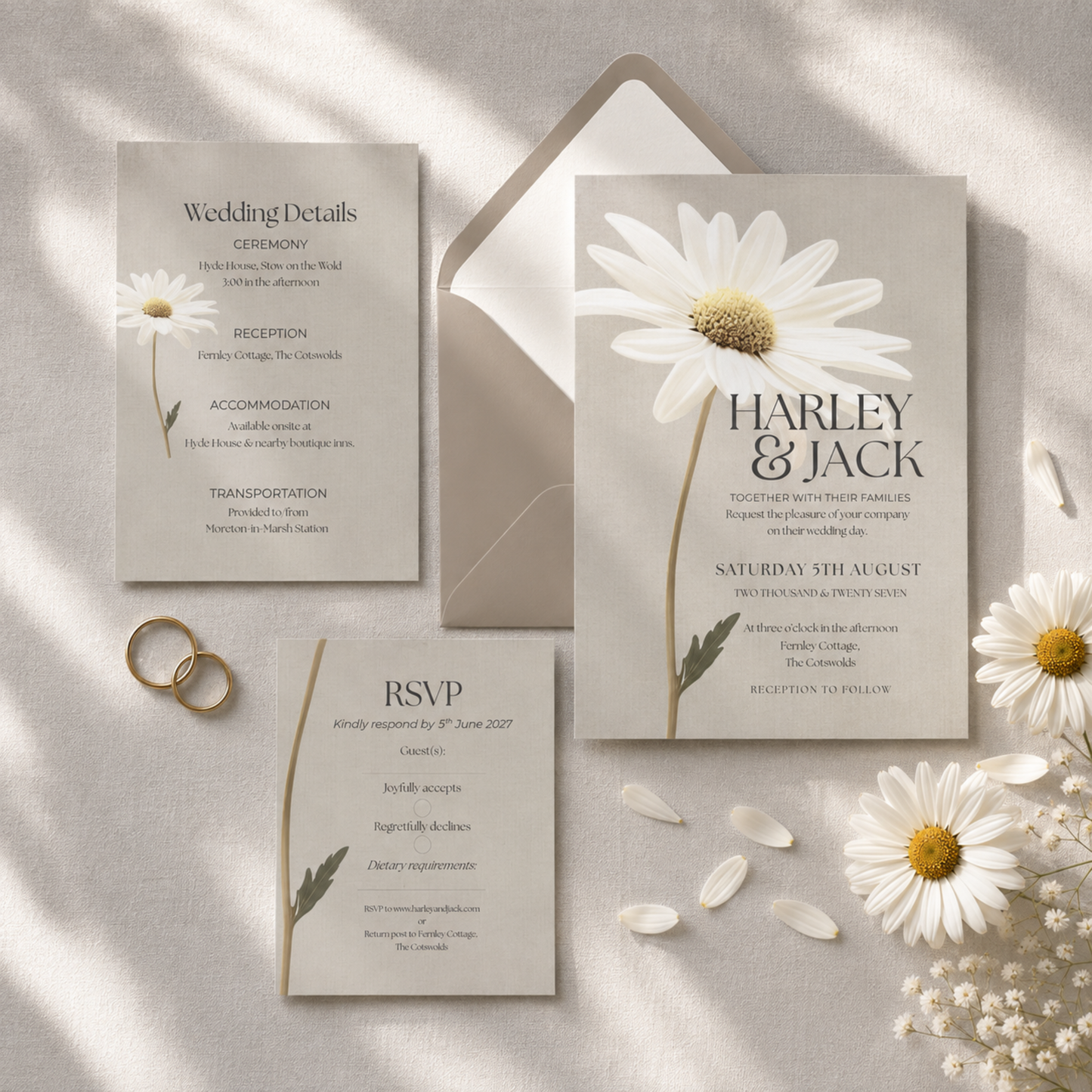Daisy Wedding Invitation Set. Botanical Invite For Spring Summer  Weddings, Editable Printable Stationery.