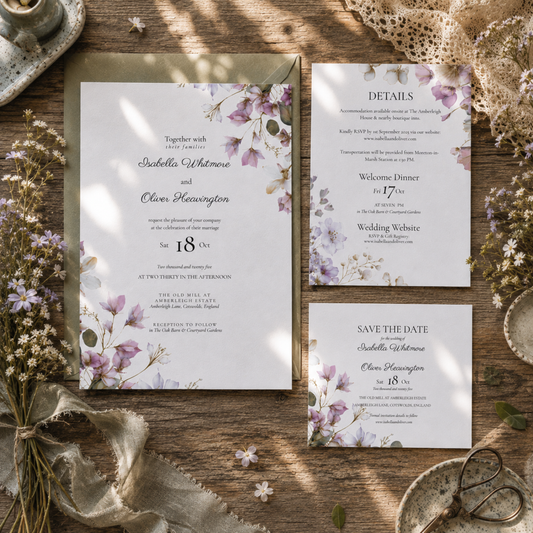 Floral Wedding Invitation Set, Purple and Sage Botanical 3 Piece Invite, Editable Canva Template.